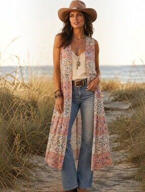 Maurices Boho Floral Patchwork Sleeveless Duster Vest